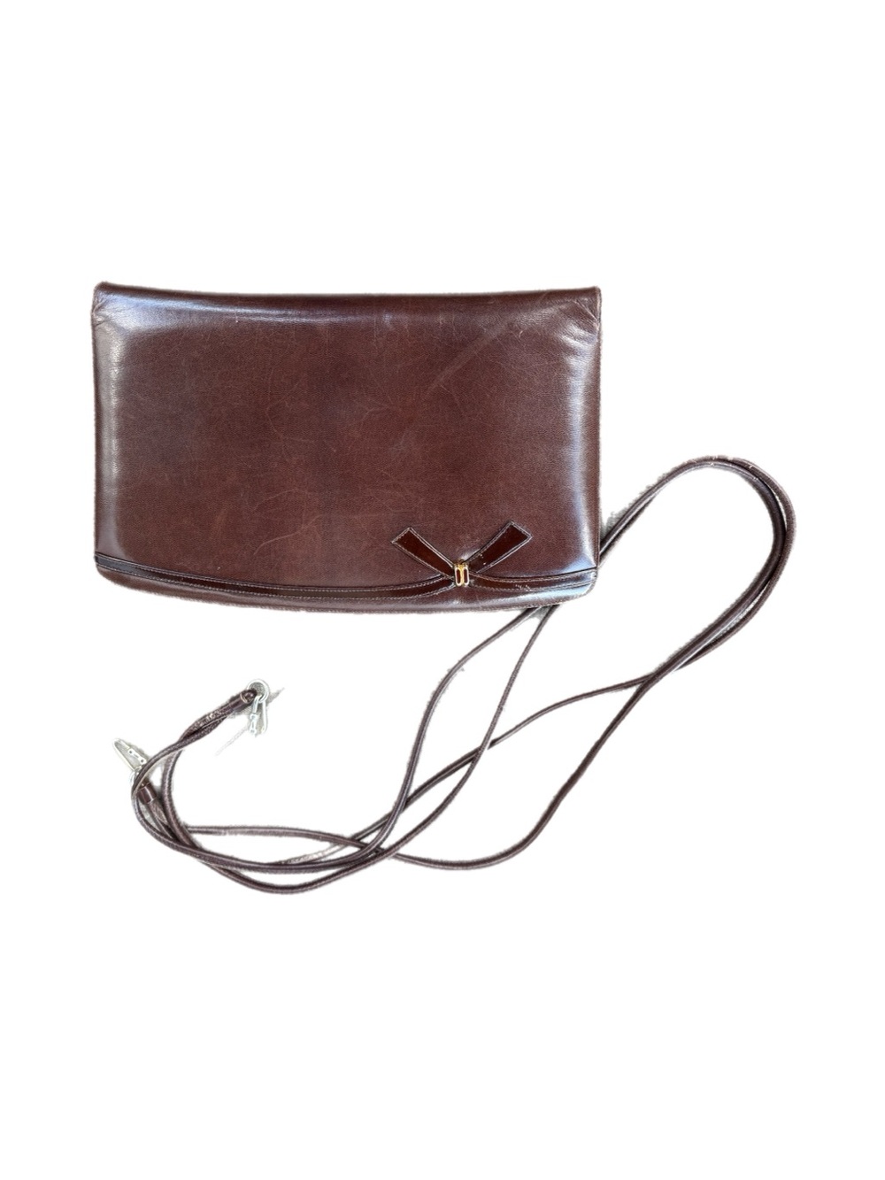 Bruno Magli Brown Leather Crossbody Clutch with Bow Accent and Crossbody strap